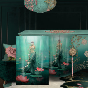 Papel De Seda Mujer Hermosa Loto Agua Esmeralda Verde