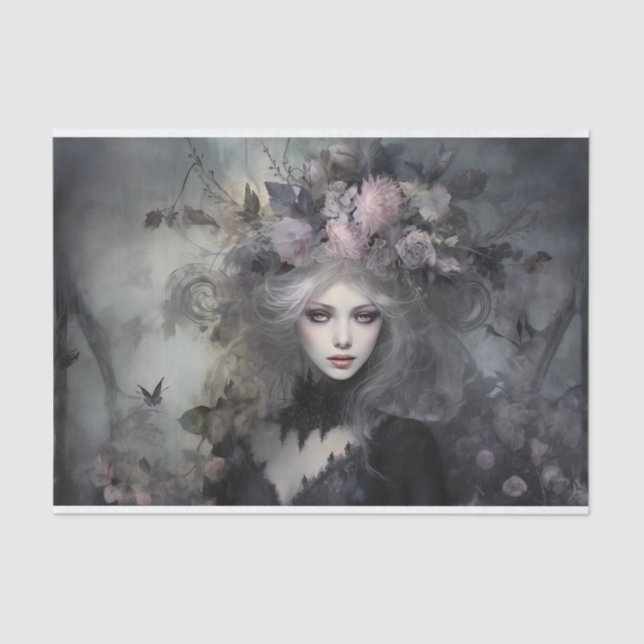 Papel De Seda Mujer Hermosa Reina Gótica con Decoupage de Flor (Anverso)