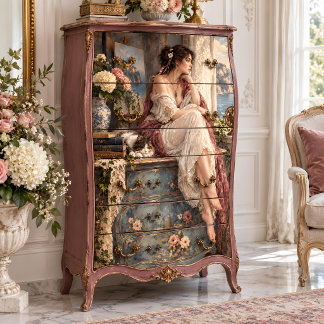 Papel De Seda Mujer Mediterránea Con Gato y Hortensias