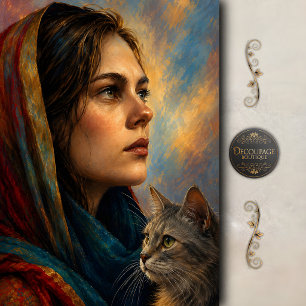 Papel De Seda Mujer Mística y Gato Decoupage