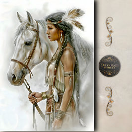 Papel De Seda Mujer Nativa Americana y Caballo Blanco Decoupage