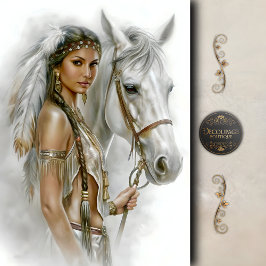 Papel De Seda Mujer Nativa y Caballo Blanco Decoupage