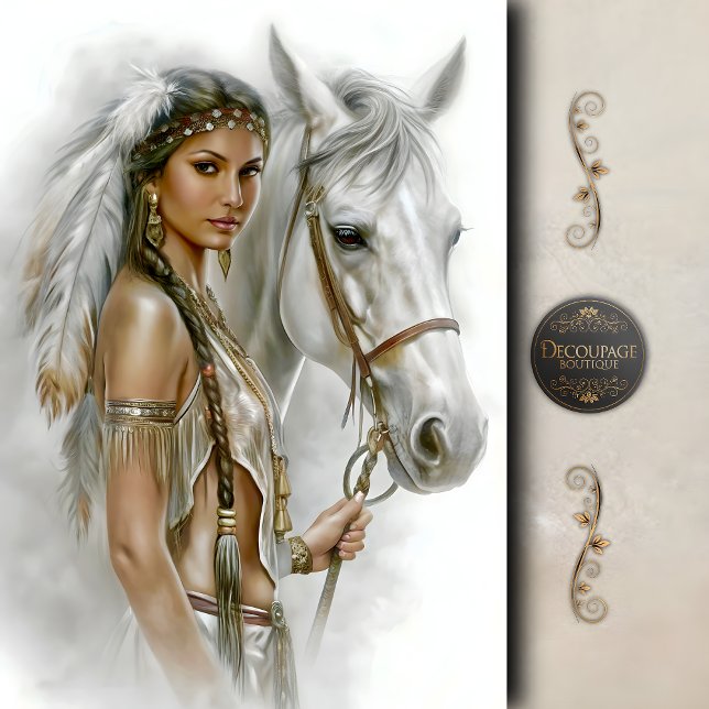 Papel De Seda Mujer Nativa y Caballo Blanco Decoupage (Native Woman & White Horse Decoupage Tissue Paper)