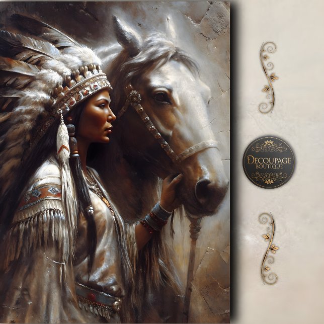 Papel De Seda Mujer Nativa y Decoupage de Tocado de Caballo Blan (Native Woman & White Horse Headdress Decoupage Tissue Paper)