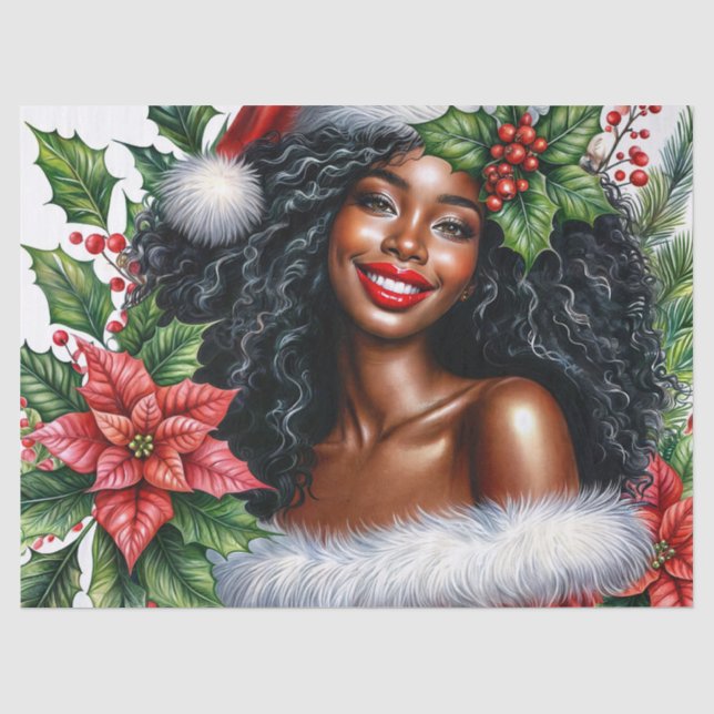 Papel De Seda Mujer Negra Sonriente Con Gorro De Santa Navidad (Anverso)