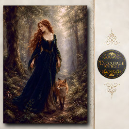 Papel De Seda Mujer pelirroja caminando con zorro en el bosque