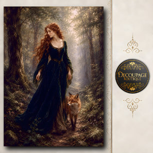 Papel De Seda Mujer pelirroja caminando con zorro en el bosque