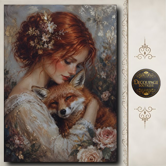 Papel De Seda Mujer pelirroja zorro rosas decoupage (Redhead Woman Fox Roses Decoupage Tissue Paper)