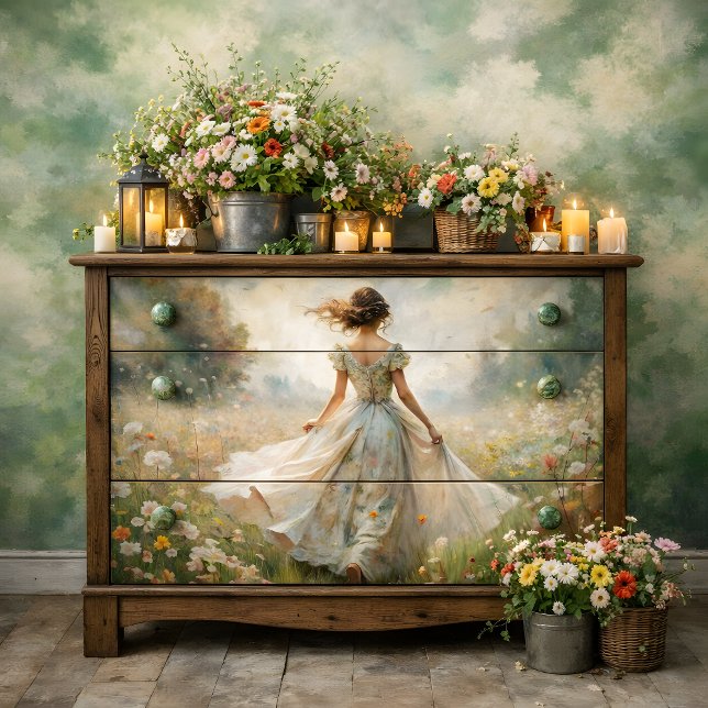 Papel De Seda Mujer Romántica en Pradera de Flores Silvestres De (Romantic Woman in Wildflower Meadow Decoupage Tissue Paper)