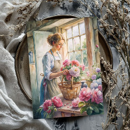 Papel De Seda Mujer rubia vintage arreglada peonías rosadas