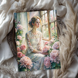 Papel De Seda Mujer rubia vintage peonías rosadas ventana acoged