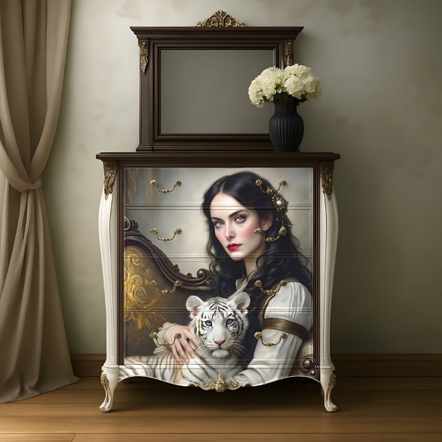 Papel De Seda Mujer tigre blanca elegante desenlace de fantasía (White Tiger Woman Elegant Fantasy Decoupage Tissue Paper)