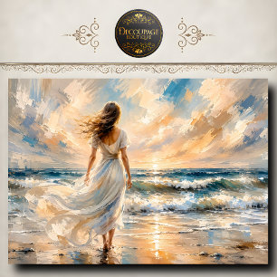 Papel De Seda Mujer Vestido Blanco Océano Atardecer Decoupage