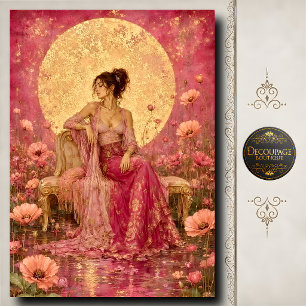 Papel De Seda Mujer Vestido Rosa Flores Luna Dorada Decoupage
