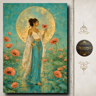 Papel De Seda Mujer Vestido Turquesa Amapolas Rosadas Luna Dorad