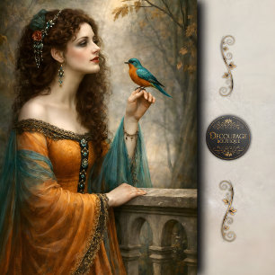 Papel De Seda Mujer Victoriana Pájaro Azul Elegancia Decoupage