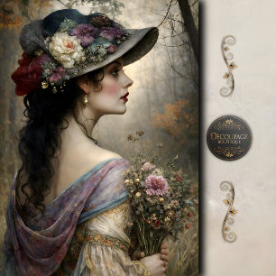 Papel De Seda Mujer Victoriana Sombrero Floral Decoupage Jardín