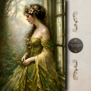 Papel De Seda Mujer Victoriana Verde Oro  Elegancia Decoupage