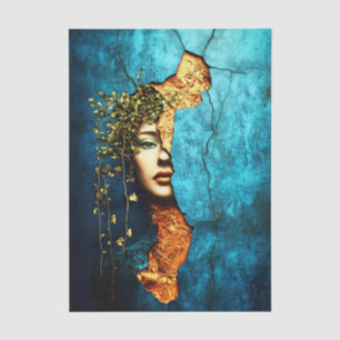 Papel De Seda Mujer & Vines, Pared Azul Agrietada EM9L Decoupage