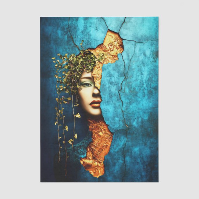 Papel De Seda Mujer & Vines, Pared Azul Agrietada EM9L Decoupage (Anverso)