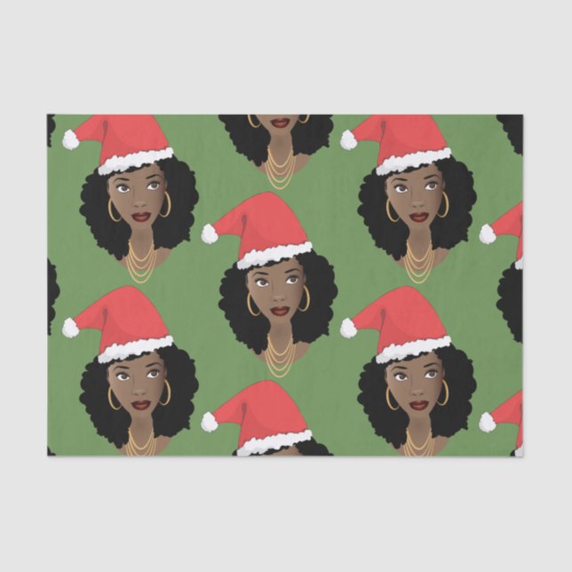 Papel De Seda Mujeres negras, Navidades Red Santa Hats, Verde (Anverso)