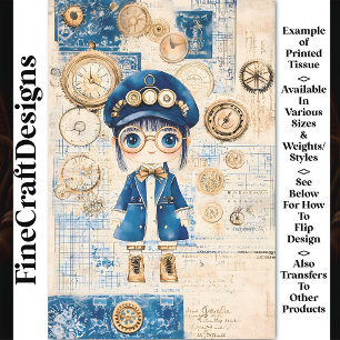 Papel De Seda Muñeca Adorable Acuarela Steampunk, Decoupage Azul