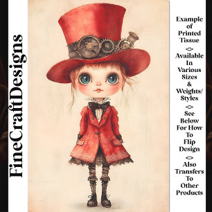 Papel De Seda Muñeca Steampunk de Ojos Grandes, Decoupage Rojo A
