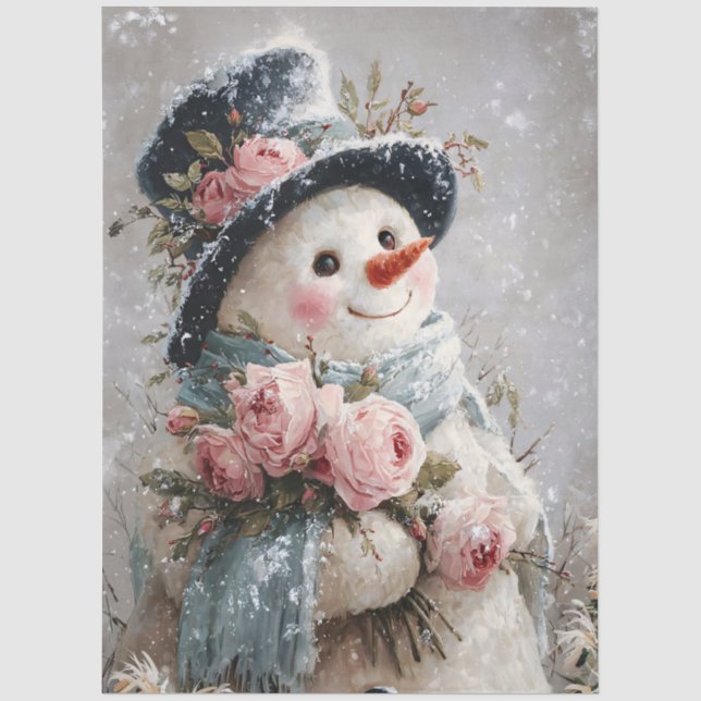 Papel De Seda Muñeco de nieve decoupage con rosas rosadas (Anverso)