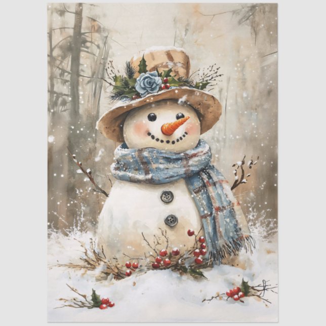 Papel De Seda Muñeco de nieve festivo en bosque Decoupage (Anverso)