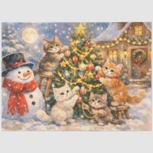Papel De Seda Muñeco de nieve y gatitos decorando el árbol de Na