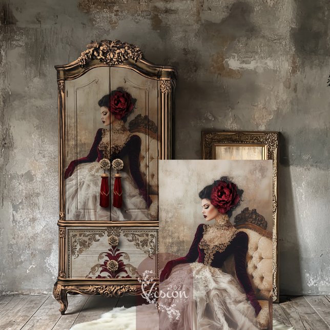 Papel De Seda Musa de Borgoña, retrato elegante y floral (Burgundy Muse, Beautiful sitting woman, elegant portrait & floral, decoupage tissue paper)