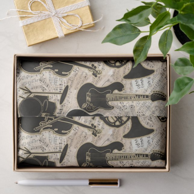 Papel De Seda Música de hojas e instrumentos Black/Gold ID481 (Regalo )