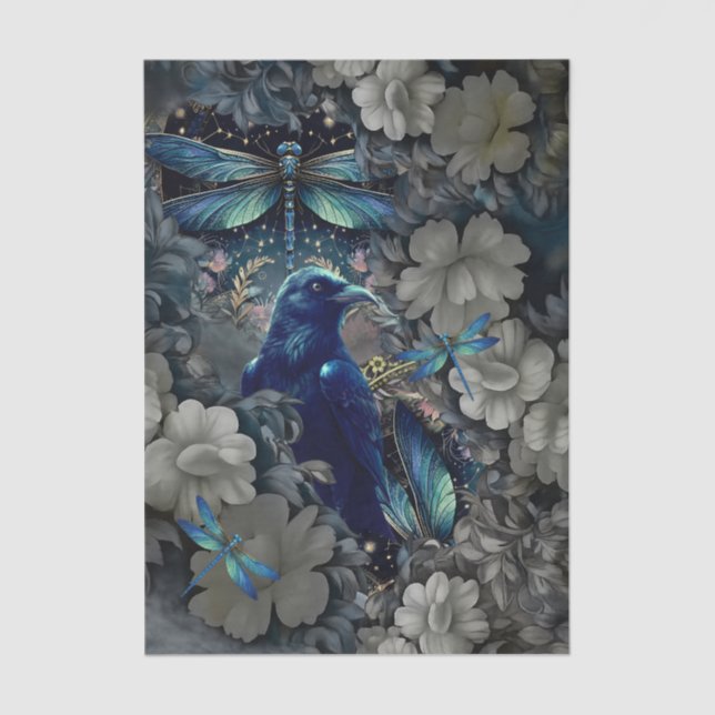 Papel De Seda Mysterious Raven, White Florals & Dragonflies (Anverso)