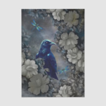 Mysterious Raven, White Florals & Dragonflies