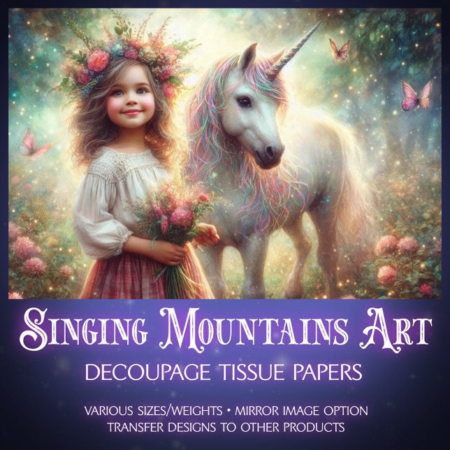 Papel De Seda Mystical Unicorn & Girl Forest Scene Decoupage  (Subido por el creador)
