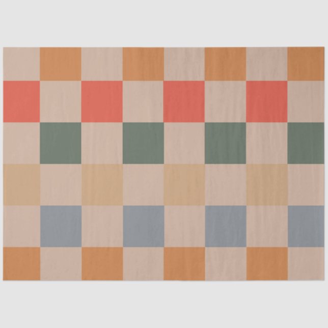 Papel De Seda Naranja azul beige Brown Checkered Gingham Pattern (Anverso)