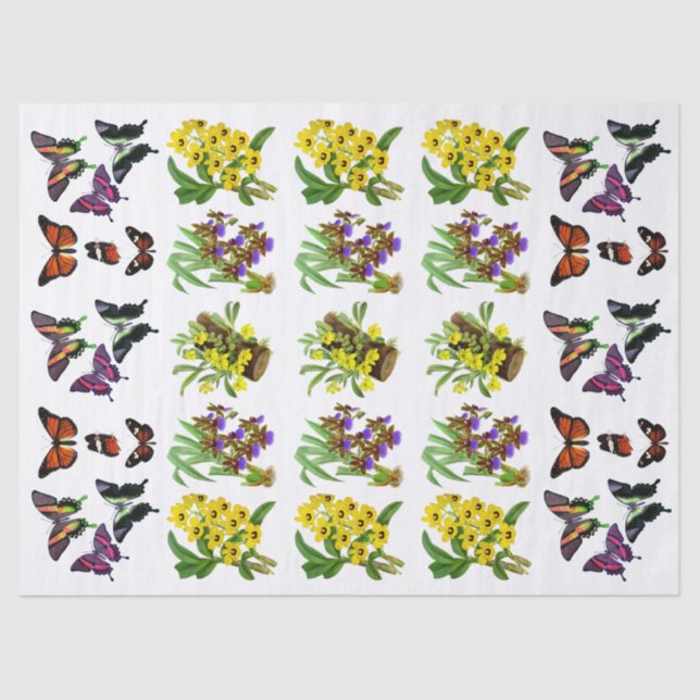 Papel De Seda Naranja de orquídeas púrpura amarillas rosadas (Anverso)