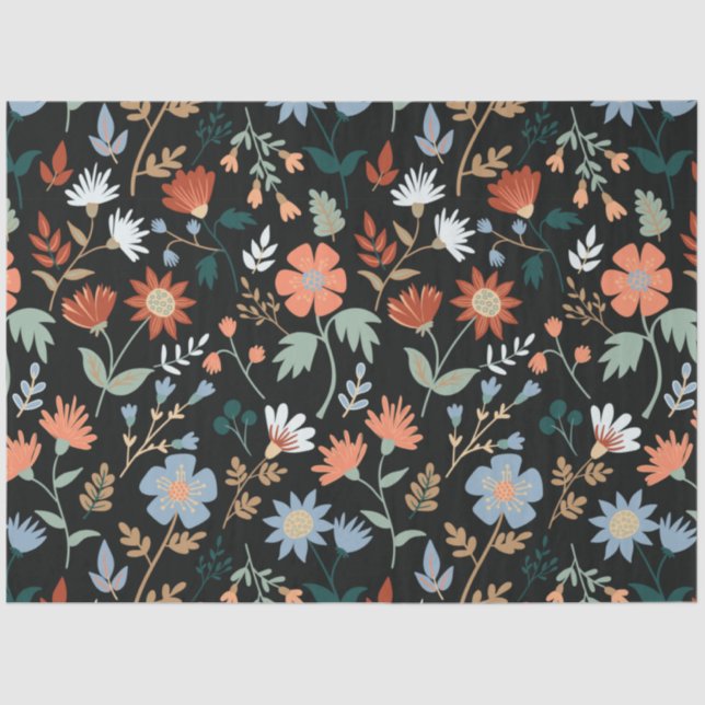 Papel De Seda Naranja negro moderno azul hojas floral (Anverso)