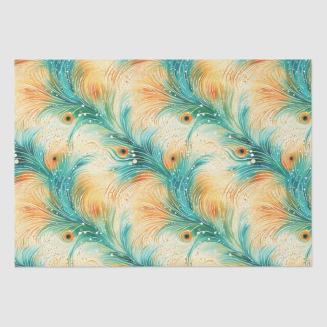 Papel De Seda Naranja tropical Verde azulado Peach Peacock Fethe (Anverso)