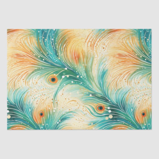 Papel De Seda Naranja tropical Verde azulado Peach Peacock Fethe (Anverso)