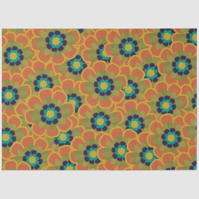 Papel De Seda Naranja y azul de patrón floral morelia retro (Anverso)