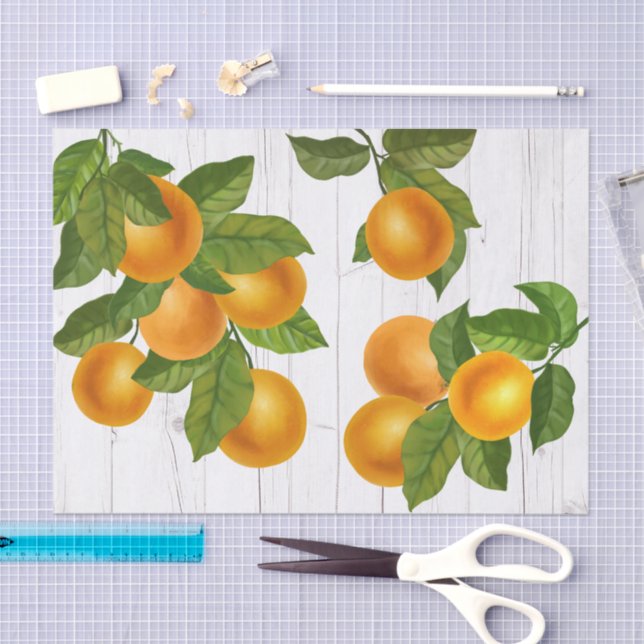 Papel De Seda Naranjas cítricas frescas acuarela rústica madera  (Artesanía)