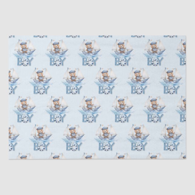 Papel De Seda Nautical Cute Teddy Bear Blue Boat es un niño (Anverso)