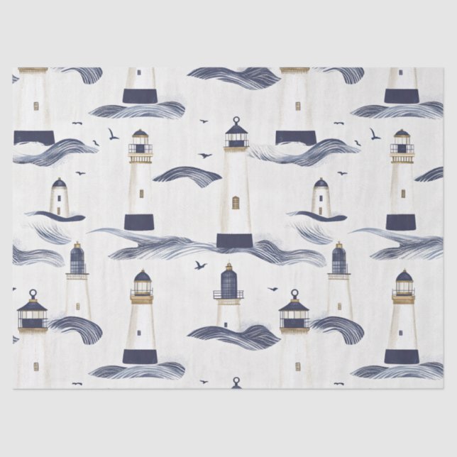Papel De Seda Nautical Lighthouse Coastal Blue Pattern (1) (Anverso)