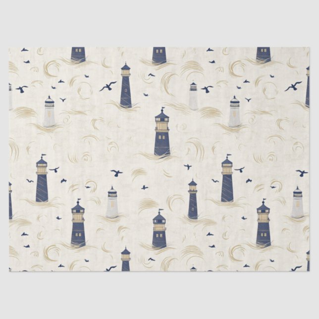 Papel De Seda Nautical Lighthouse Coastal Blue Pattern (2) (Anverso)