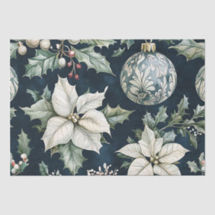 Papel De Seda Navidad azul marino poinsettia blanca acebo