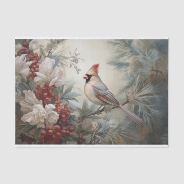 Papel De Seda Navidad Cardenal Acebo Baya en Invierno Decoupage (Anverso)