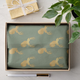 Papel De Seda Navidad Ciervo Verde Oliva Rústico Dorado