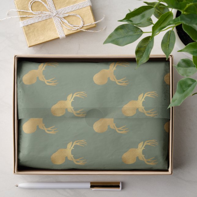 Papel De Seda Navidad Ciervo Verde Oliva Rústico Dorado (Regalo )