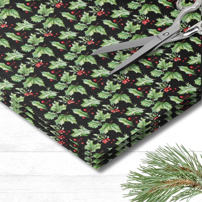 Papel De Seda Navidad de Holly Berry (Modern Festive Black Holly Berries Christmas Tissue Paper)